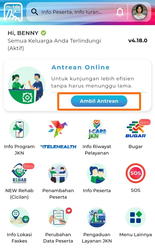 Halaman utama Mobile JKN untuk pendaftaran berobat